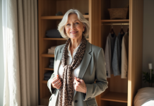 Garde-robe à 50 ans : conseils mode pour rester tendance et élégante Femme élégante ajustant un foulard en soie dans une chambre lumineuse