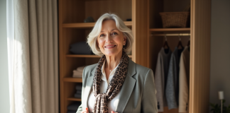 Garde-robe à 50 ans : conseils mode pour rester tendance et élégante Femme élégante ajustant un foulard en soie dans une chambre lumineuse