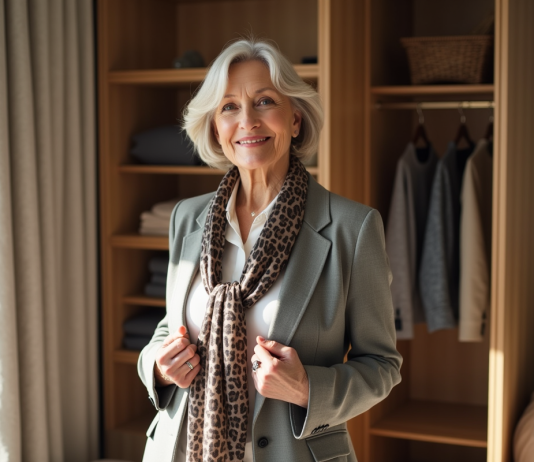 Garde-robe à 50 ans : conseils mode pour rester tendance et élégante Femme élégante ajustant un foulard en soie dans une chambre lumineuse