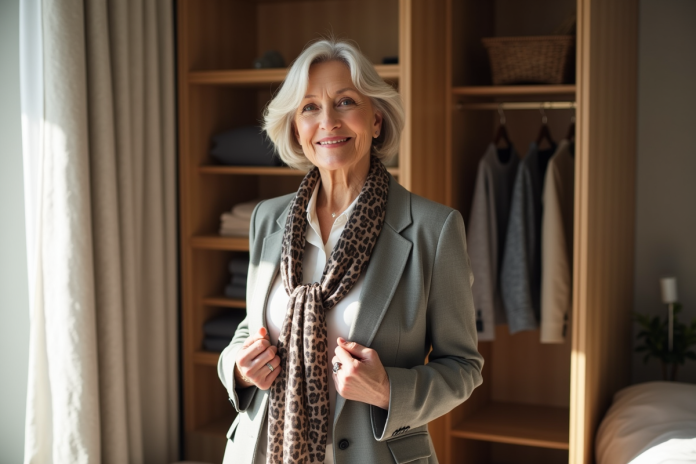 femme-style-scarf-blazer Femme élégante ajustant un foulard en soie dans une chambre lumineuse