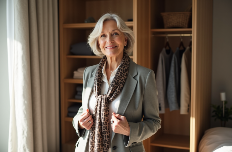 Femme élégante ajustant un foulard en soie dans une chambre lumineuse