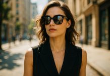 Lunettes de soleil : allier protection UV et élégance Femme élégante portant des lunettes de soleil dans une rue ensoleillée