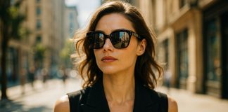 Lunettes de soleil : allier protection UV et élégance Femme élégante portant des lunettes de soleil dans une rue ensoleillée