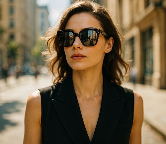 Lunettes de soleil : allier protection UV et élégance Femme élégante portant des lunettes de soleil dans une rue ensoleillée