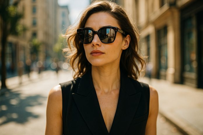 Femme élégante portant des lunettes de soleil dans une rue ensoleillée