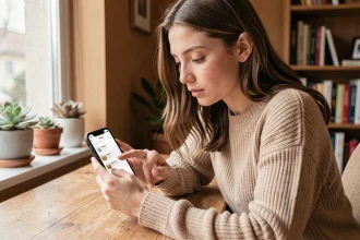 Jeune femme consultant le suivi de colis Vinted Go sur son smartphone à son bureau