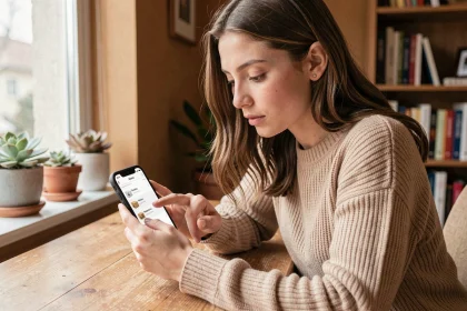 Jeune femme consultant le suivi de colis Vinted Go sur son smartphone à son bureau