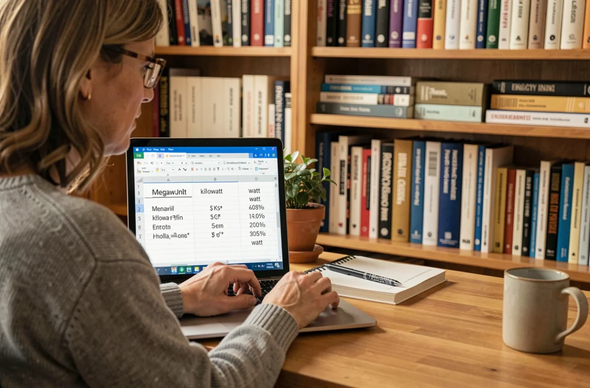 Femme travaillant sur une feuille de calcul de conversion d'unités d'énergie mégawatt et kilowatt à domicile