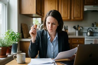 Femme en blazer et chemise à rayures travaillant à la maison