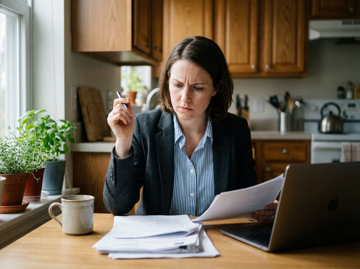 Femme en blazer et chemise à rayures travaillant à la maison