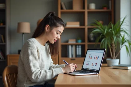 Jeune femme travaillant sur son laptop dans un bureau cosy