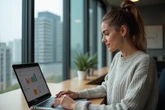 Femme concentrée travaillant sur SEO analytics dans un bureau moderne