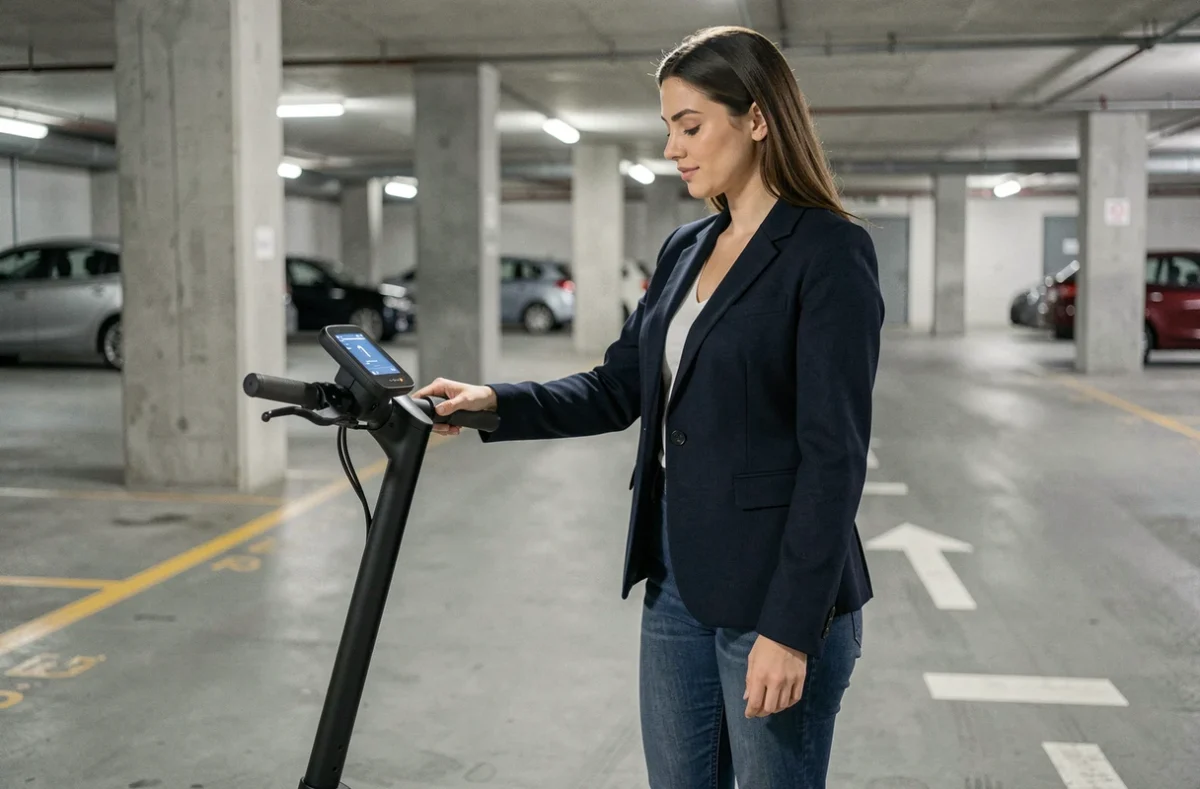 Femme consultant l'écran numérique d'une trottinette électrique dans un parking souterrain moderne