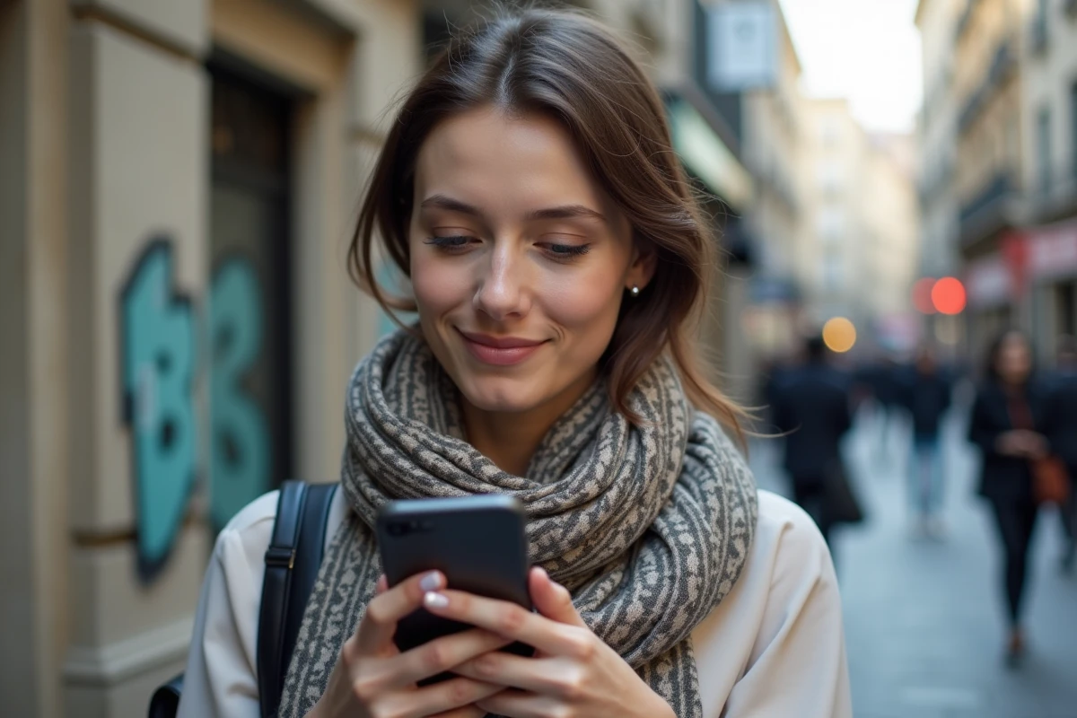 Femme dans la ville tenant un smartphone avec paroles françaises