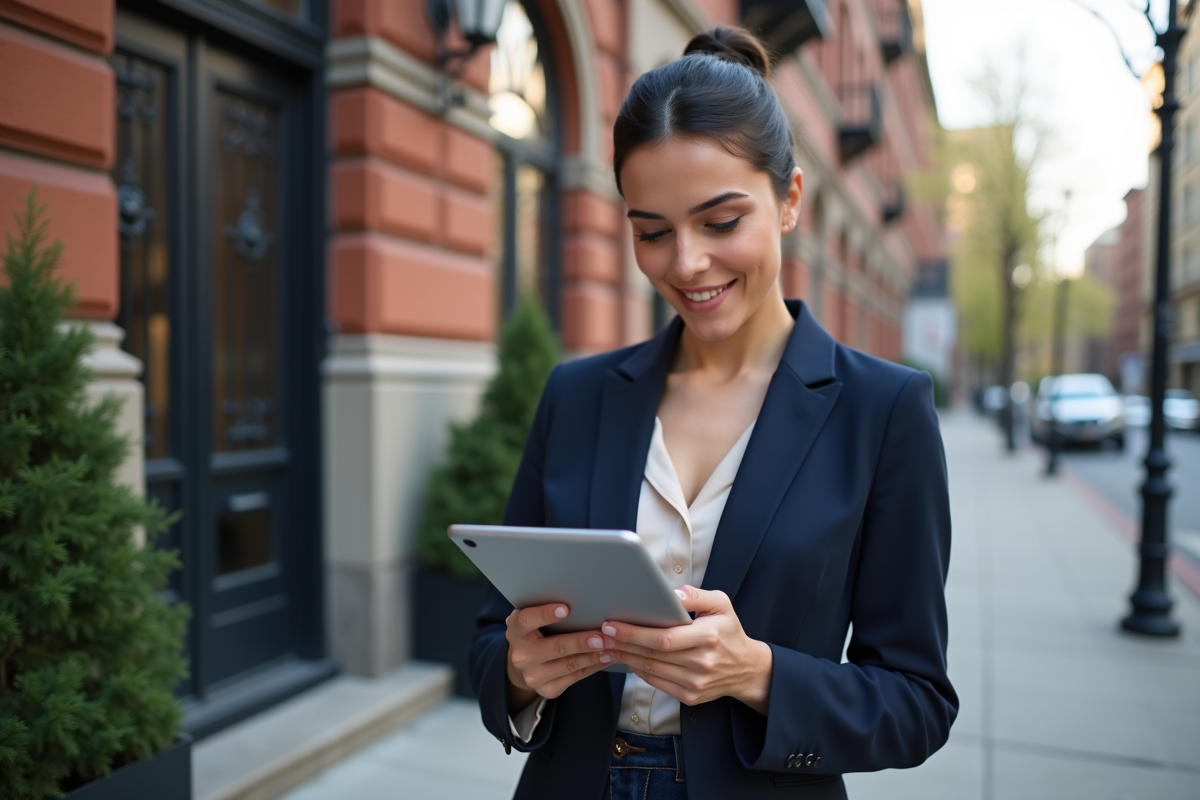 Jeune femme vérifiant des annonces immobilières en extérieur