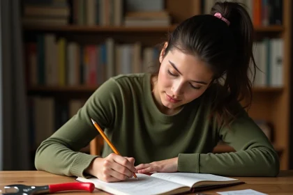 Femme adulte apprenant le vocabulaire des outils avec un carnet de notes et des outils posés sur un bureau en bois