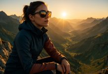 Comment préserver sa vue en montagne tout en restant tendance Femme en lunettes de soleil sur un sommet au lever du soleil