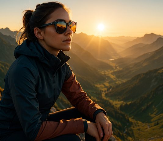 Comment préserver sa vue en montagne tout en restant tendance Femme en lunettes de soleil sur un sommet au lever du soleil
