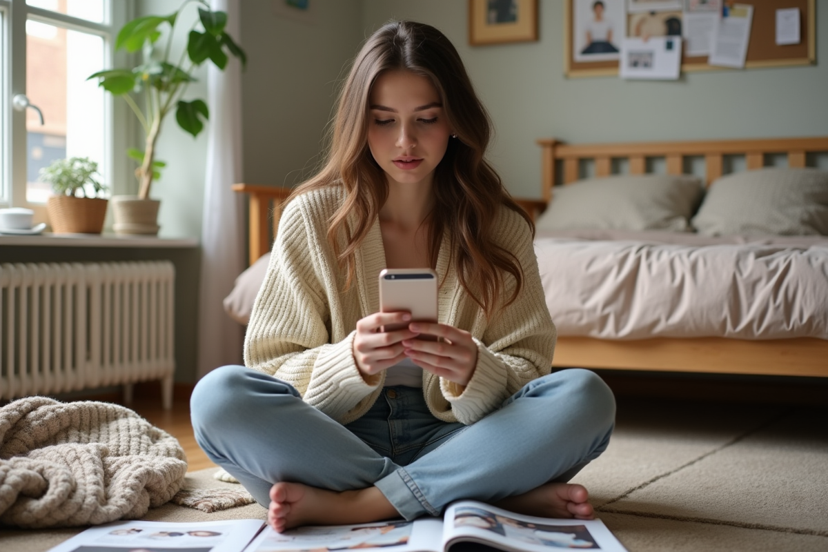 Jeune femme regardant une application mode chez elle