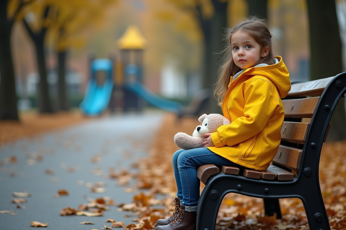 Jeune fille assise sur un banc dans un parc automnal