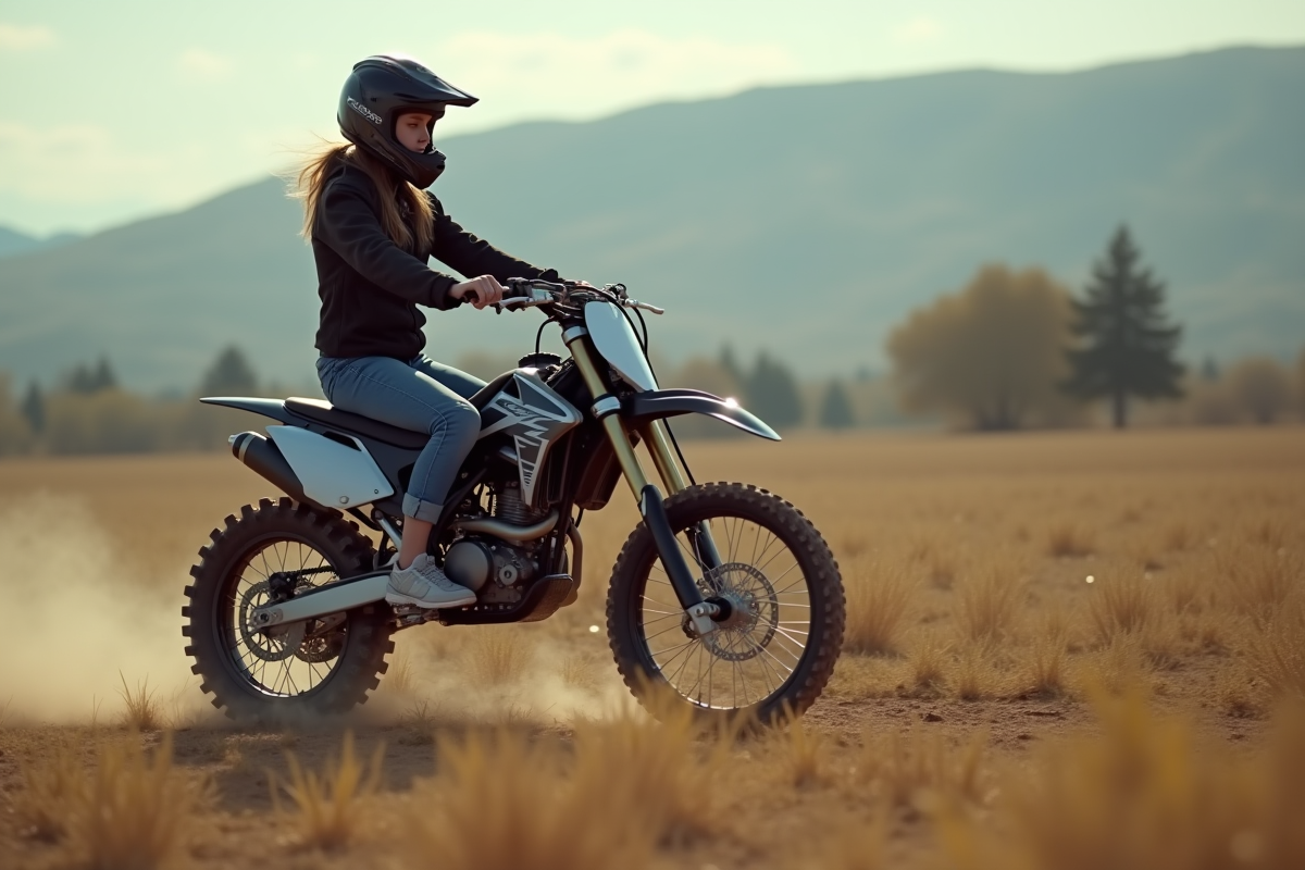 Fille de 17 ans roulant en dirt bike dans un champ naturel