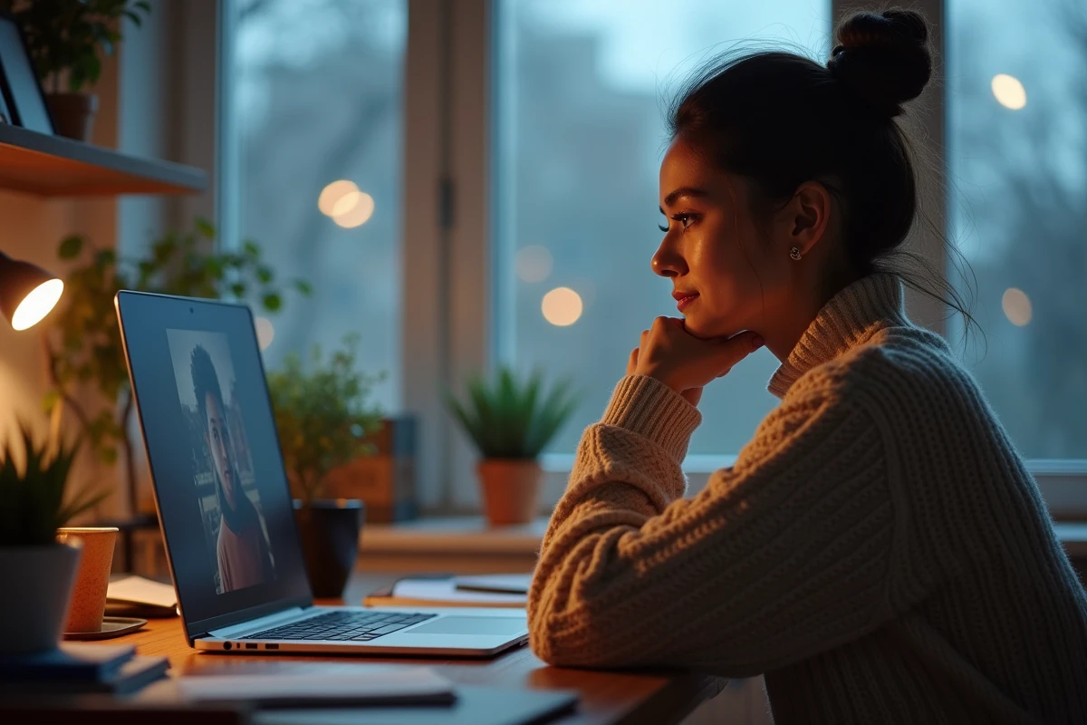 Femme regardant un film en streaming sur son ordinateur portable dans un bureau à domicile