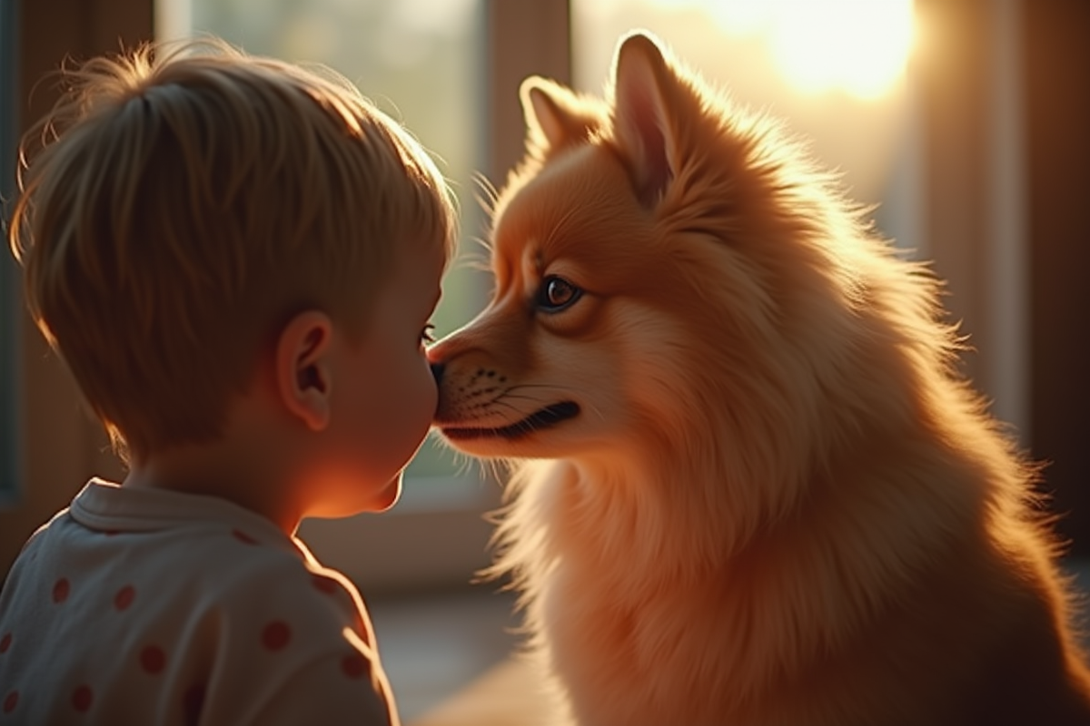 Finnish spitz adulte avec un enfant en intérieur chaleureux