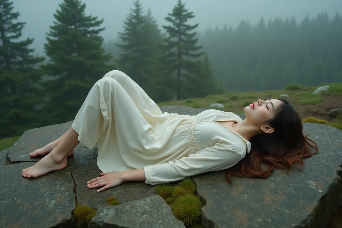 Jeune femme allongée les yeux fermés en pleine nature vivant un éveil spirituel et une vision intérieure