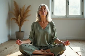 Femme en méditation les yeux fermés vivant une expérience de flash lumineux spirituel dans une pièce épurée