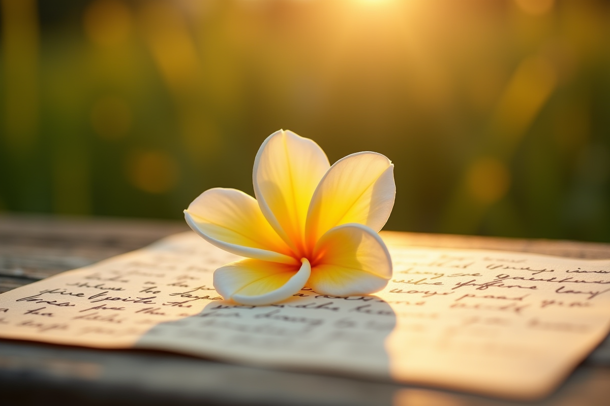 Fleur L en lumière dorée sur lettre d