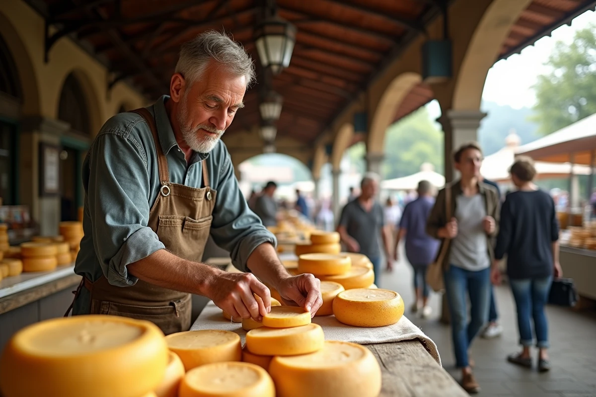 Fromager arrangeant des fromages artisanaux sur son étal sous un pavillon de marché dominical en France