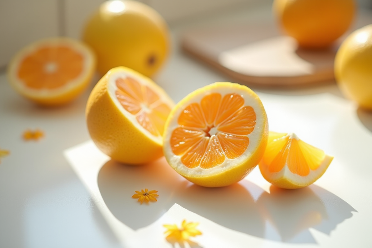 Fruit coupé en Z sur un plan de travail blanc lumineux