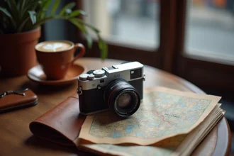 Appareil photo compact Fuji XT20 posé sur un carnet de voyage et une carte en papier dans un café européen