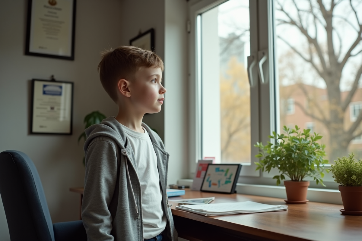 Garçon regardant par la fenêtre dans un bureau social