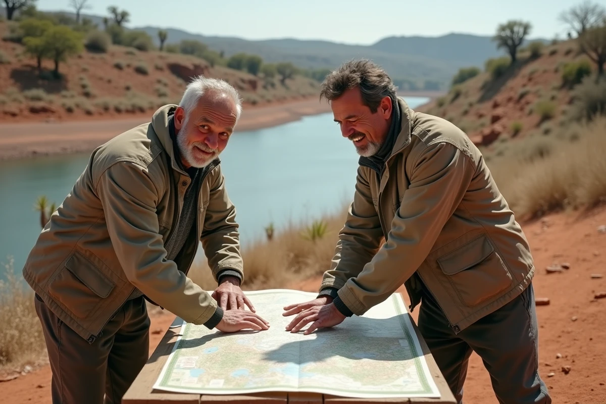 Deux géographes étudiant une carte topographique sur le terrain au bord d'un grand fleuve africain