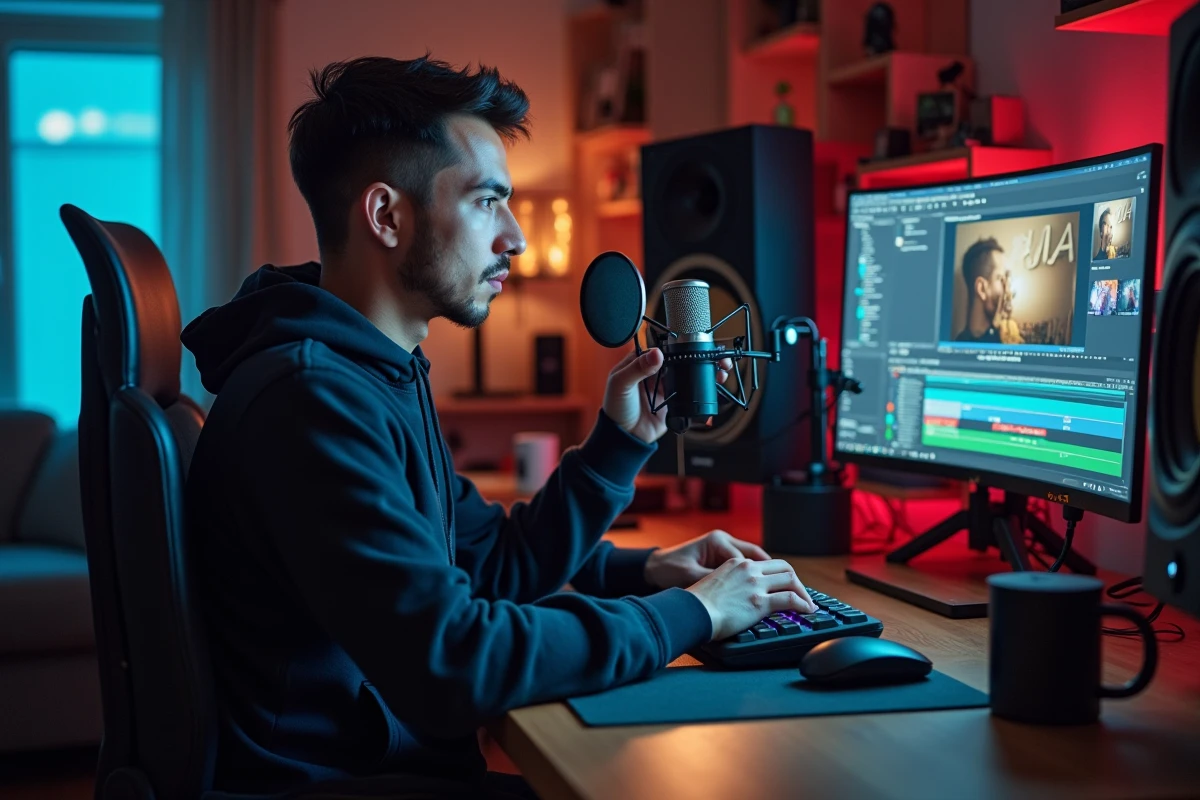 YouTubeur GMK dans son studio d'enregistrement maison, assisg devant son bureau avec microphone et écran de montage vidéo