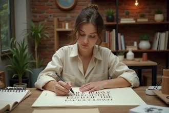 Graphiste écrivant des chiffres romains à la main sur du papier cartonné dans un studio de design créatif