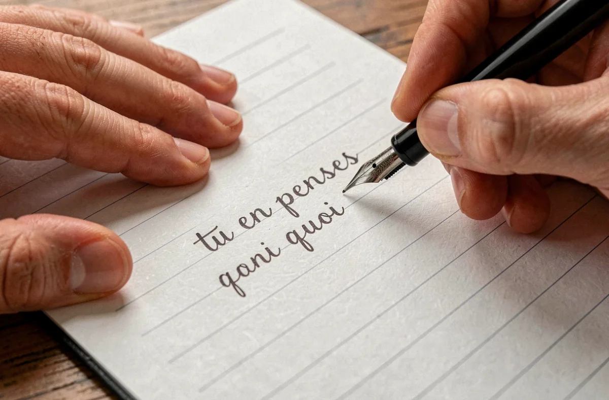 Gros plan de mains écrivant à la plume la phrase 'tu en penses quoi' en cursive sur une feuille blanche