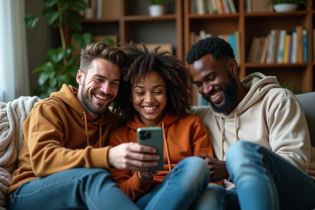 Groupe d'amis réunis dans un salon qui réagissent à de l'humour noir partagé sur un smartphone