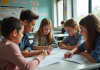 Groupe d'élèves au collège discutant de leurs bulletins
