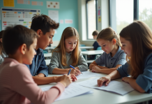 Groupe d'élèves au collège discutant de leurs bulletins
