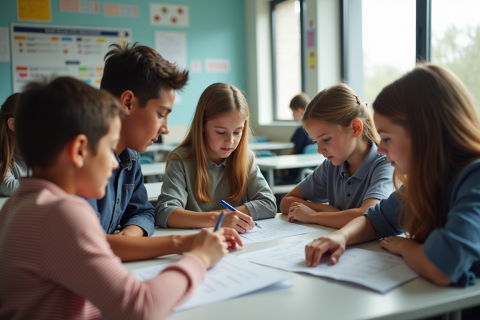Groupe d'élèves au collège discutant de leurs bulletins