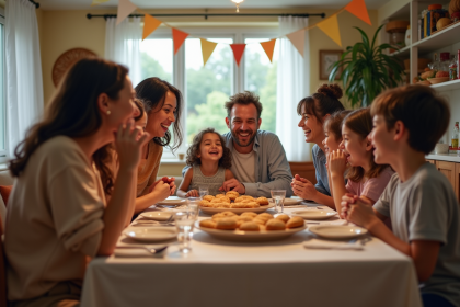 Groupe d'adultes et enfants partageant une fête conviviale à la maison