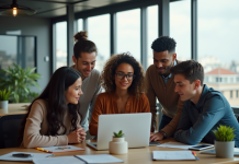 Groupe de jeunes professionnels collaborant dans un bureau parisien
