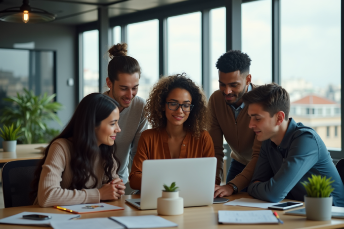 Groupe de jeunes professionnels collaborant dans un bureau parisien