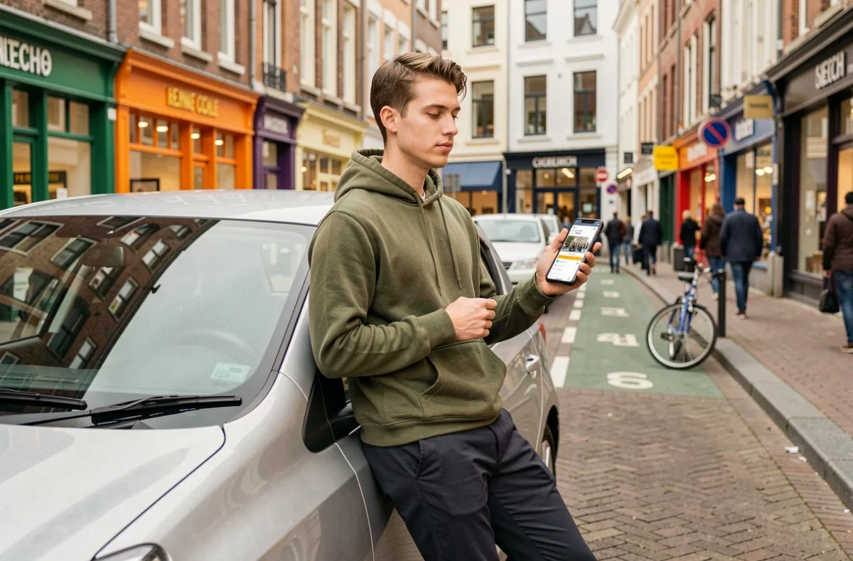 Chauffeur Heetch Lille en sweat olive appuyé contre une hatchback argentée dans une rue animée avec piste cyclable et commerces colorés
