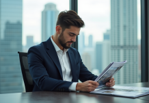 Diplôme pour devenir promoteur immobilier : quel choisir ? Jeune homme d'affaires en costume regardant des brochures immobilières