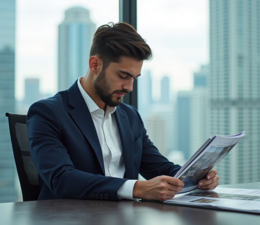 Diplôme pour devenir promoteur immobilier : quel choisir ? Jeune homme d'affaires en costume regardant des brochures immobilières