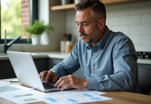 Optimiser fiscalité : comment éviter plus-value résidence secondaire ? Homme d'affaires en cuisine lisant des documents immobiliers