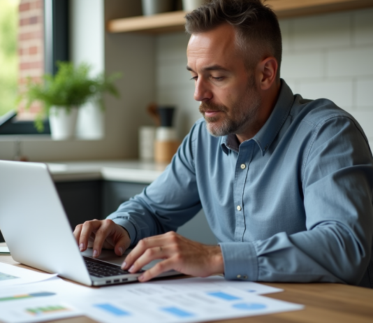 Optimiser fiscalité : comment éviter plus-value résidence secondaire ? Homme d'affaires en cuisine lisant des documents immobiliers